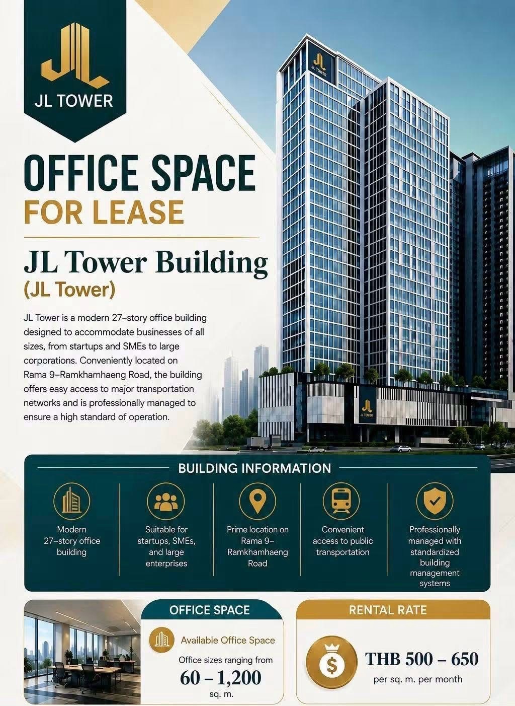 曼谷 汇权区 | JL Tower办公空间出租 60–1,200平方米 | 租金500–650泰铢/平方米/月